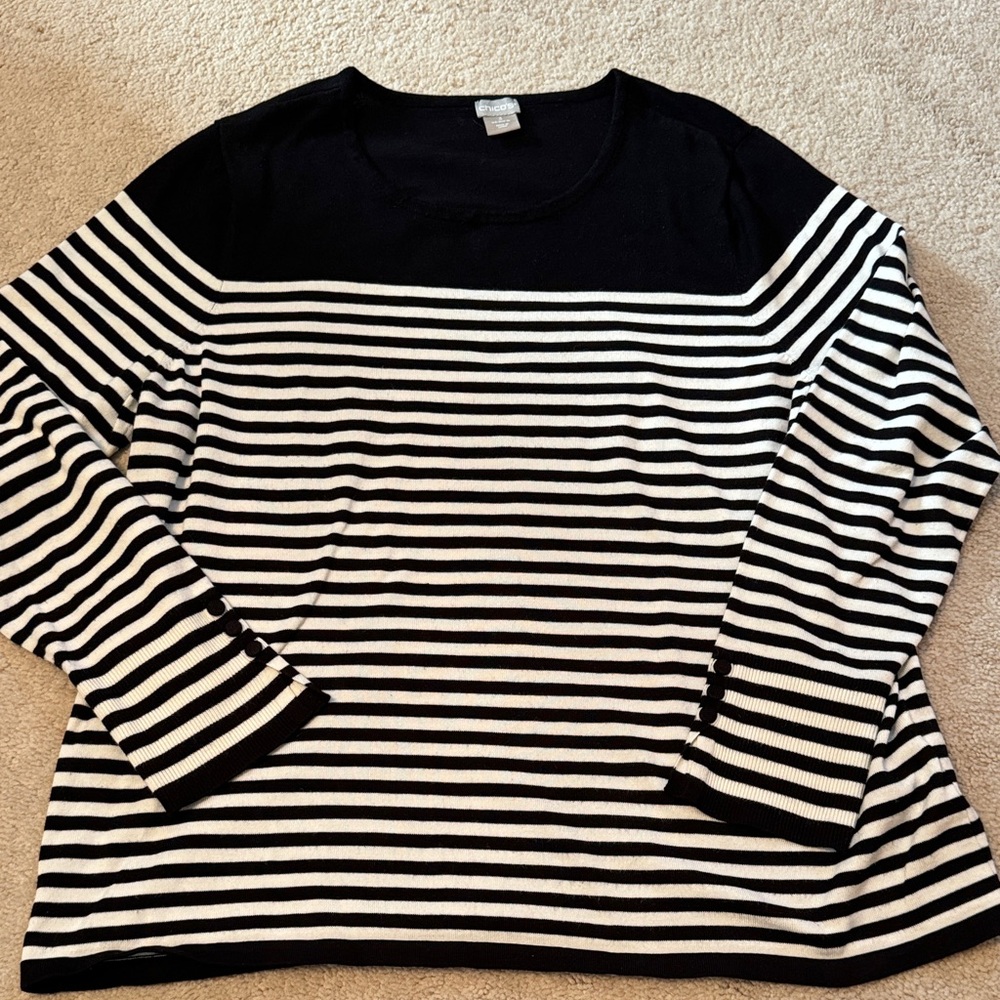 Chico's Black and White Striped Crew Neck Sweater